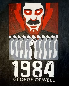 Cuadro decorativo inspirado en 1984 de George Orwell con figura del Gran Hermano y estética distópica en rojo negro y gris