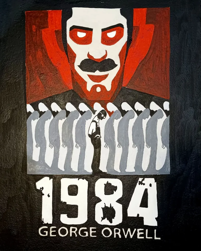 Cuadro decorativo inspirado en 1984 de George Orwell con figura del Gran Hermano y estética distópica en rojo negro y gris