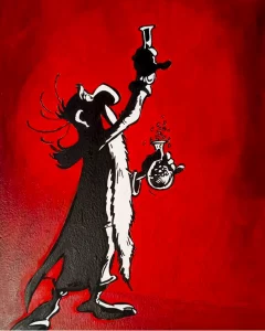 Cuadro decorativo de Abraracúrcix de Astérix y Obélix con frascos de poción sobre fondo rojo