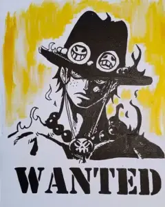 Cuadro de Portgas D. Ace de One Piece con estética en blanco y negro y fondo amarillo, estilo cartel “Wanted”.