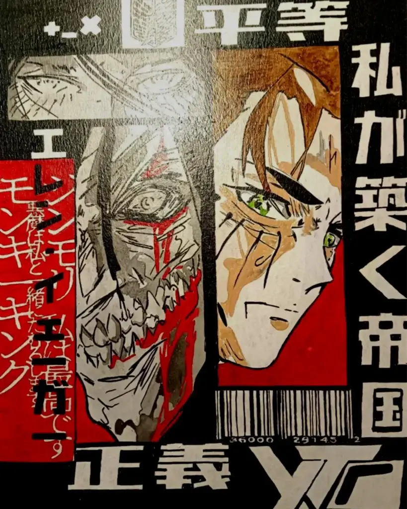 Cuadro inspirado en Attack on Titan con retrato dividido de Eren Jaeger y su forma titán, en composición gráfica roja, negra y blanca con tipografía japonesa.