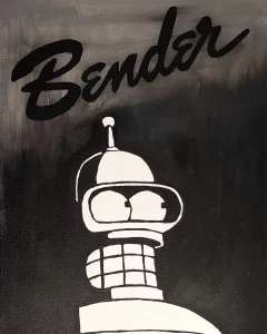 Cuadro decorativo de Bender de Futurama en blanco y negro sobre fondo oscuro con acabado tipo stencil. regalo original para fans de Futurama