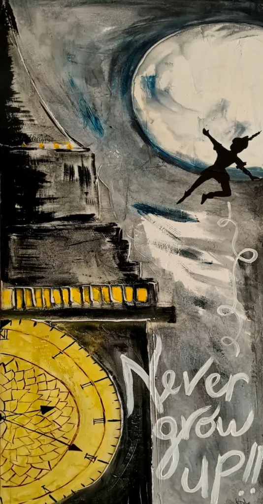 Cuadro artesanal inspirado en Londres con reloj tipo Big Ben, silueta volando y la frase “Never grow up