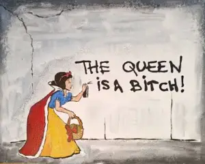 Cuadro de Blancanieves estilo urbano pintando un graffiti con mensaje irreverente sobre fondo gris.