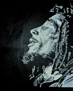 Cuadro en blanco y negro estilo stencil de Bob Marley cantando, retrato musical con alto contraste sobre fondo negro.