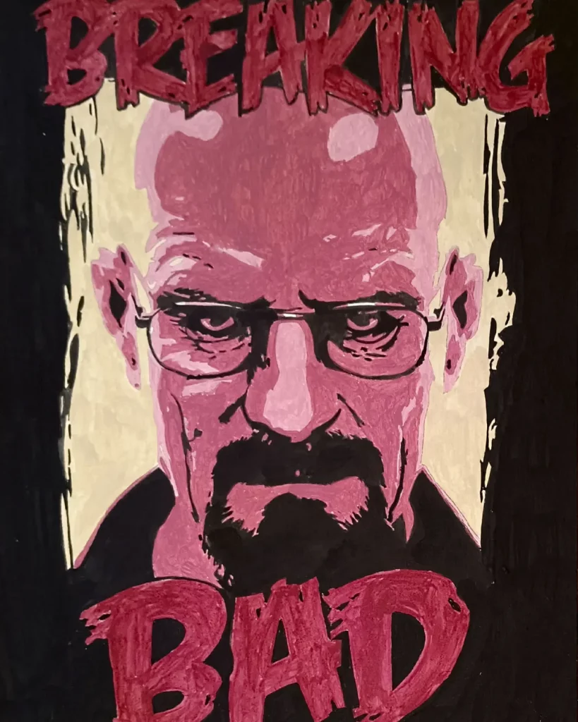 Cuadro decorativo de Walter White de Breaking Bad con tipografía Breaking Bad en tonos rosa y negro
