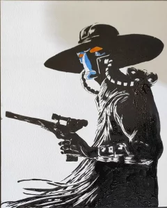 Cuadro decorativo de Cad Bane de Star Wars en estilo stencil blanco y negro con detalles en azul y naranja