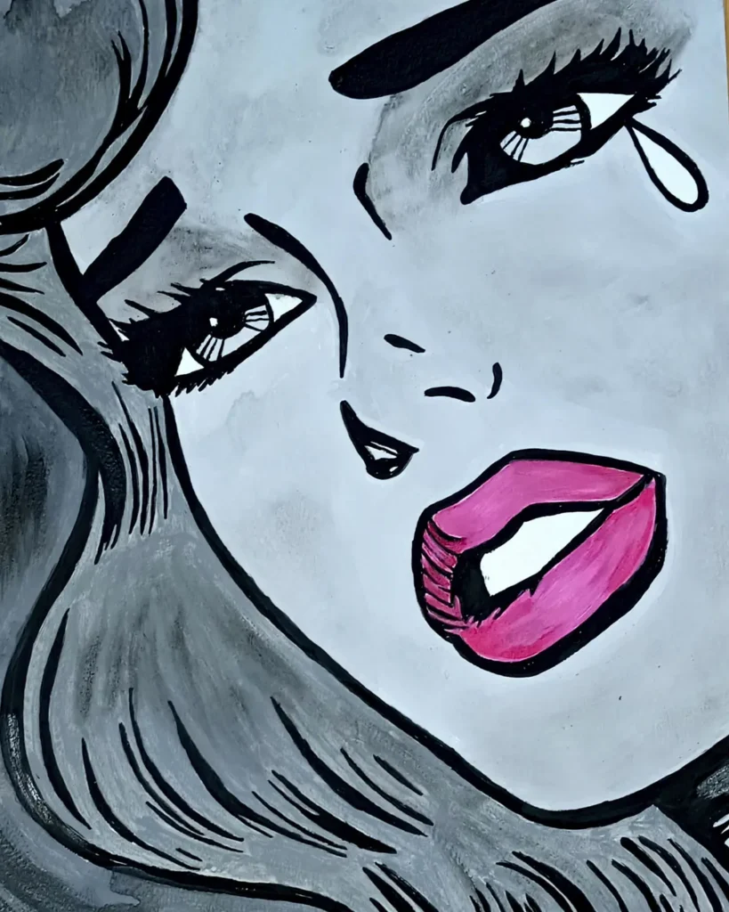 Chica con lágrima en ilustración pop art blanco y negro, obra artística de Irreverentes
