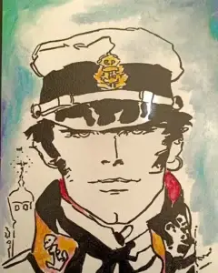 Cuadro inspirado en Corto Maltés, retrato de marinero con gorra blanca y fondo en tonos suaves.