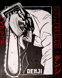 Cuadro de Denji de Chainsaw Man en estilo gráfico blanco y negro con detalles en rojo, ilustración inspirada en el anime y pintada a mano.