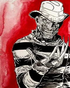 Cuadro decorativo de Freddy Krueger con guante de cuchillas estilo cómic en blanco y negro con fondo rojo
