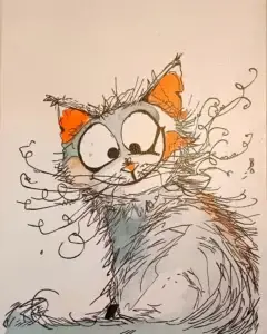 Cuadro de gato ilustrado con trazo suelto en tinta y toques de acuarela, estilo expresivo y divertido sobre fondo claro.