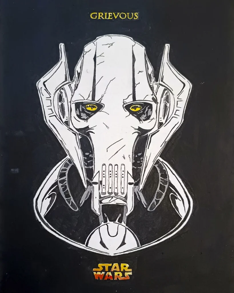 Cuadro de General Grievous de Star Wars pintado a mano en blanco y negro con fondo oscuro y estilo ilustración gráfica.