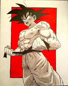 Cuadro decorativo de Goku de Dragon Ball en estilo manga en blanco y negro con fondo rojo