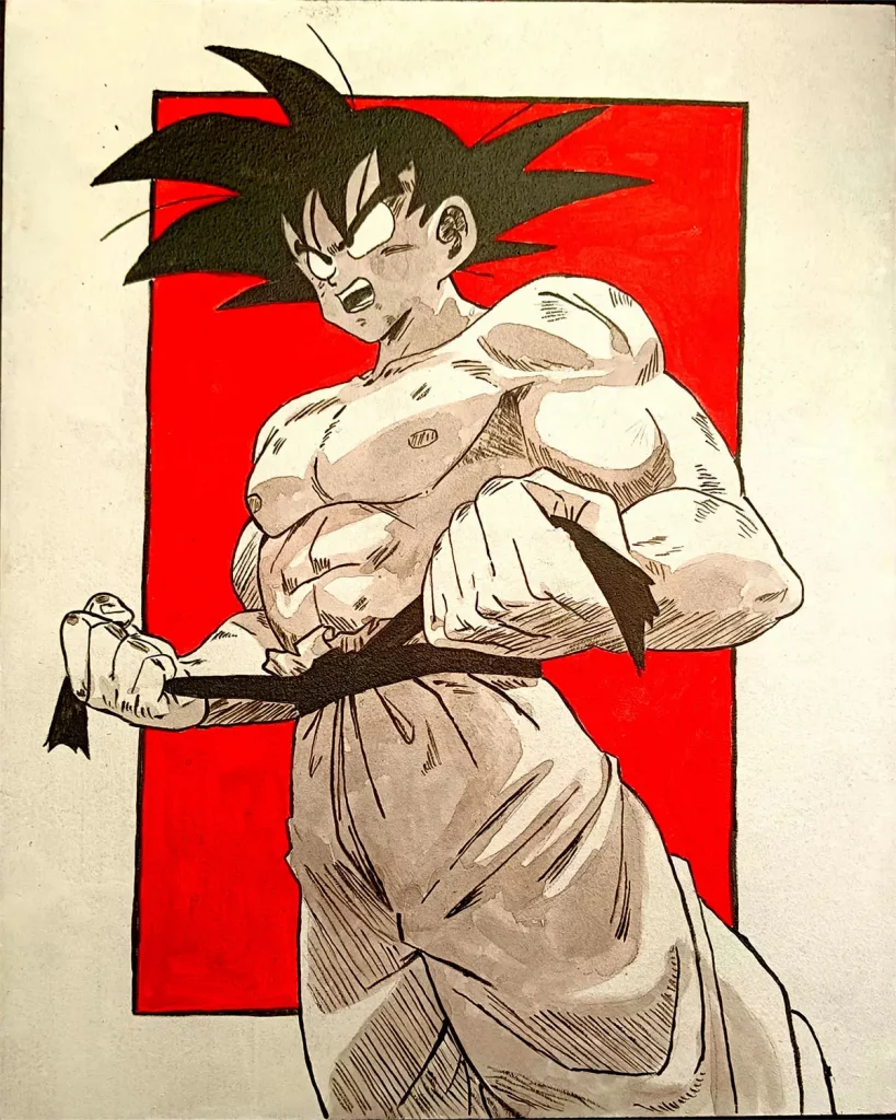 Cuadro decorativo de Goku de Dragon Ball en estilo manga en blanco y negro con fondo rojo