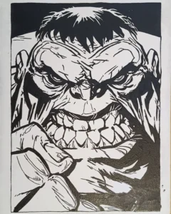Cuadro de Hulk enfadado en blanco y negro, ilustración estilo cómic con alto contraste y expresión agresiva.