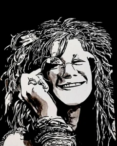 Janis Joplin en ilustración stencil blanco y negro, obra artística de Irreverentes