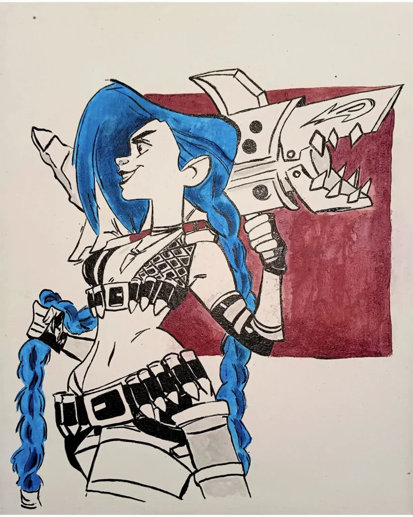 Texto ALT: Cuadro ilustrado de Jinx de Arcane con trenzas azules y arma al hombro, estilo cómic y arte friki con fondo rosa.