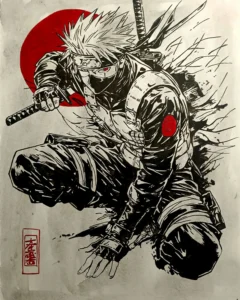 Cuadro de Kakashi Hatake de Naruto en pose de combate con katana, ilustración en blanco y negro con detalles rojos y fondo estilo sol naciente.