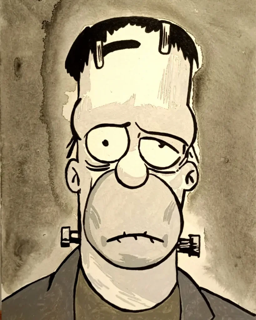 Homer Simpson versión Frankenstein en ilustración estilo cómic clásico, obra artística de Irreverentes