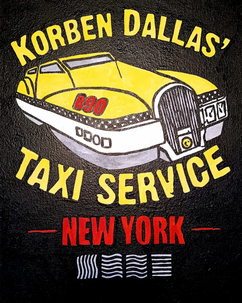 Korben Dallas Taxi Service en ilustración estilo cartel retro sci-fi, obra de Irreverentes