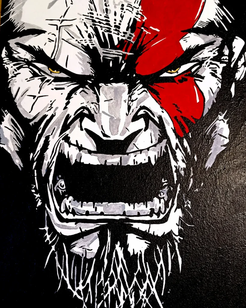 Kratos en ilustración stencil rojo y negro, obra artística de Irreverentes