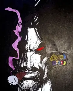 Cuadro de Lobo (DC) en retrato de alto contraste, con cigarro, fondo negro, ojo rojo y el texto “Lobo’s back!”.