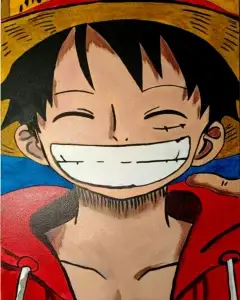 Cuadro de Luffy de One Piece con gran sonrisa, retrato en estilo anime con sombrero de paja y chaqueta roja.