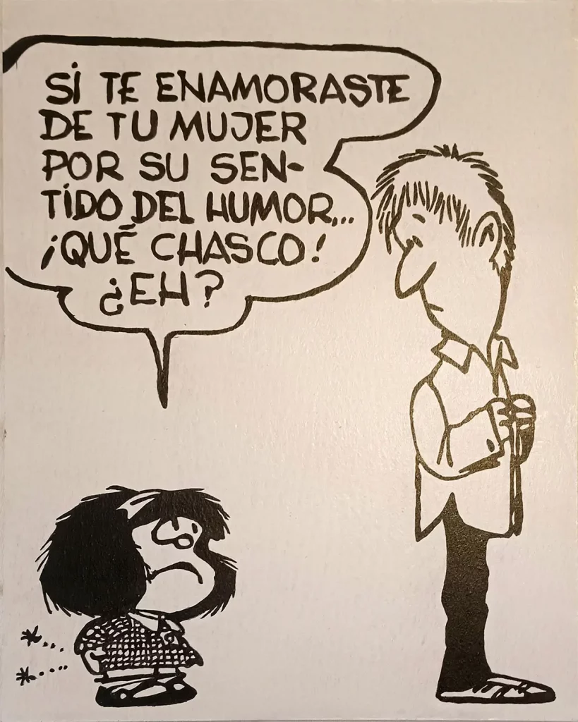 Cuadro decorativo de Mafalda con viñeta humorística sobre el matrimonio en estilo cómic en blanco y negro