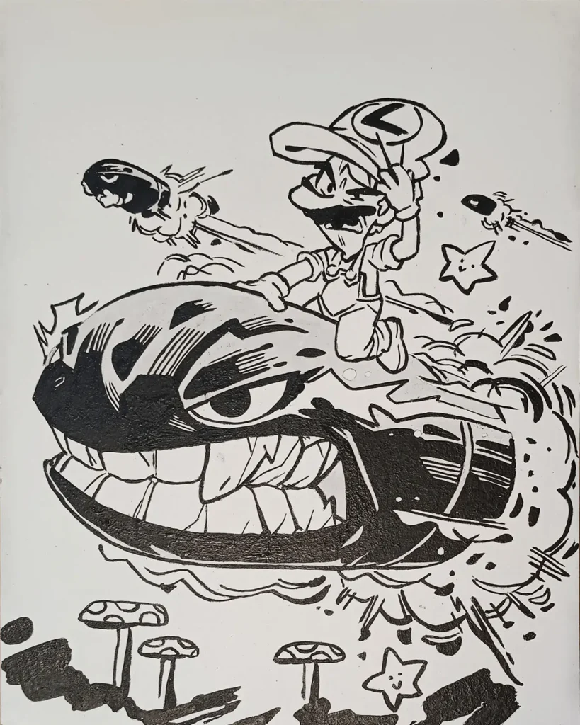 Cuadro en blanco y negro de Mario Bros en estilo ilustración dinámica, escena divertida con estética de cómic y videojuego clásico.