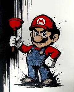 Cuadro decorativo de Mario Bros con desatascador en estilo urbano con salpicaduras negras fondo blanco