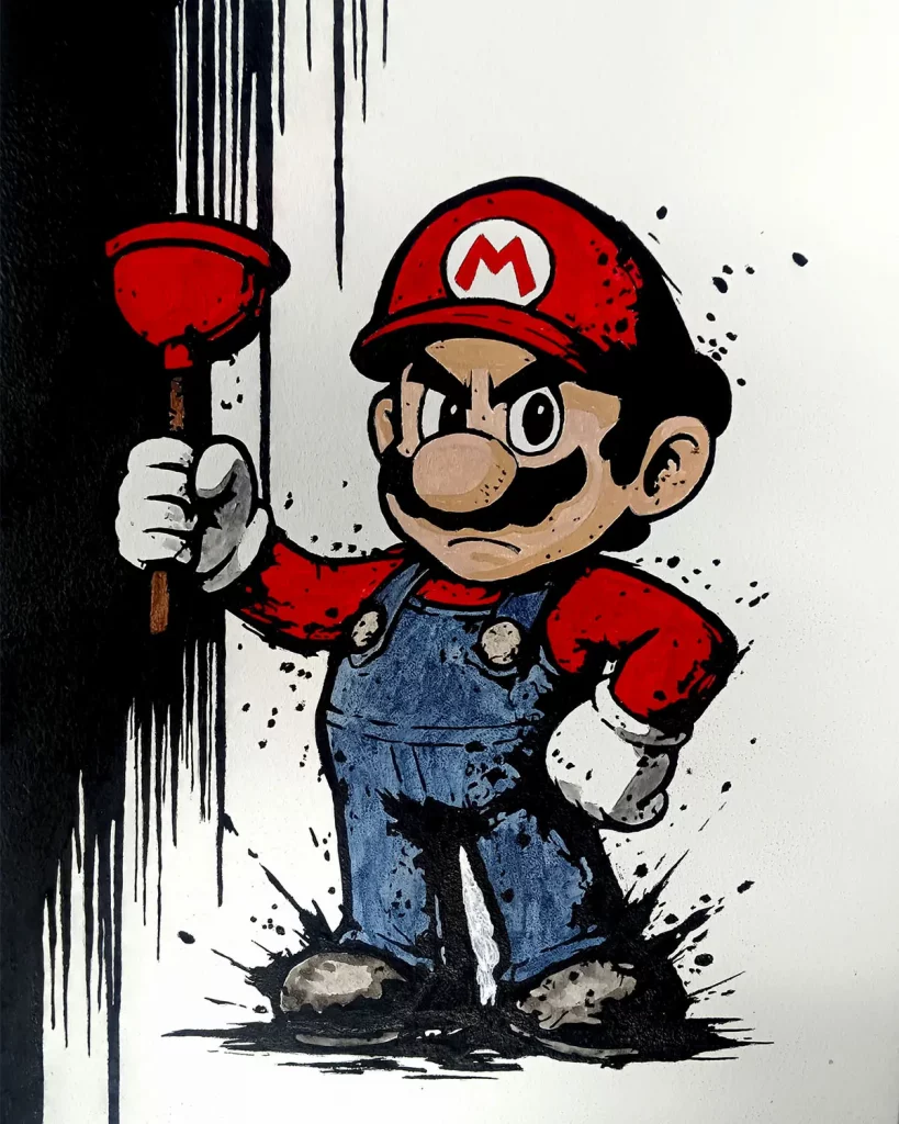 Cuadro decorativo de Mario Bros con desatascador en estilo urbano con salpicaduras negras fondo blanco
