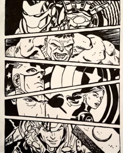 Cuadro inspirado en los Vengadores de Marvel con composición tipo viñetas de cómic en blanco y negro, ilustración artesanal estilo comic book.