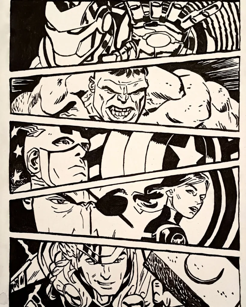 Cuadro inspirado en los Vengadores de Marvel con composición tipo viñetas de cómic en blanco y negro, ilustración artesanal estilo comic book.