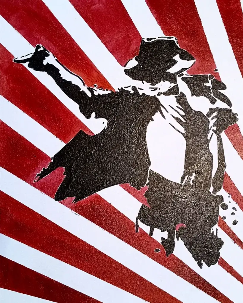 Cuadro inspirado en Michael Jackson con silueta en negro y fondo de rayos rojos estilo pop art.