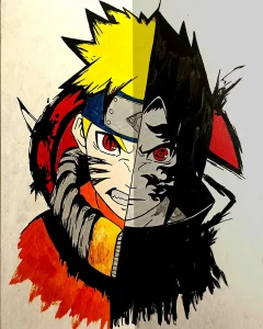 Cuadro decorativo de Naruto y Sasuke dividido en dos mitades representando luz y oscuridad estilo anime