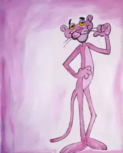 Cuadro de la Pantera Rosa pintado a mano sobre fondo rosa con estilo ilustración clásica y acabado artesanal.