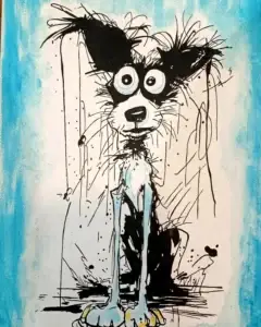 Cuadro de perro con expresión divertida dibujado en tinta negra con estilo sketch gestual y fondo azul suave.