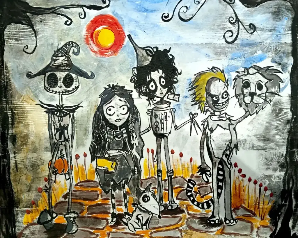 Cuadro que mezcla personajes de Pesadilla antes de Navidad con El Mago de Oz en estilo ilustración gótica.