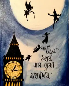 Cuadro inspirado en Peter Pan con siluetas volando sobre Londres y la frase “Vivir será una gran aventura”, en tonos azules y negros.