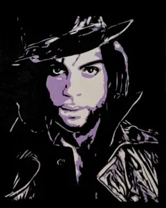 Retrato artístico inspirado en Prince, cuadro en tonos morados y negros con estilo pop art y alto contraste sobre fondo oscuro.