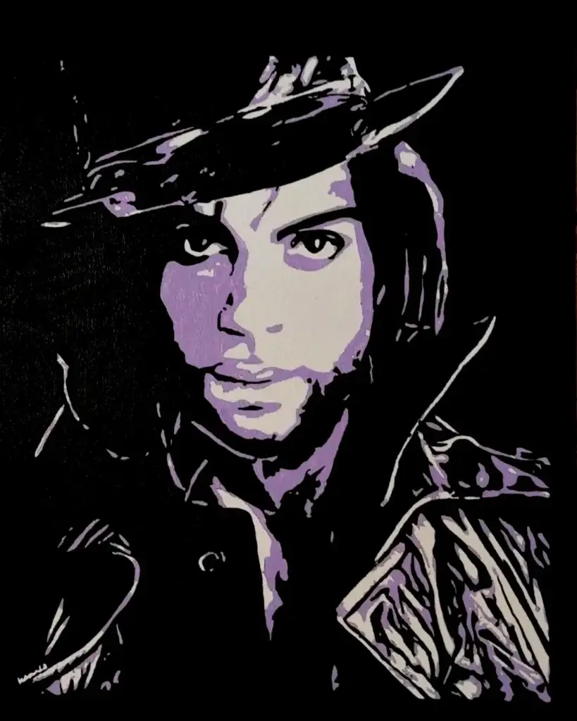 Retrato artístico inspirado en Prince, cuadro en tonos morados y negros con estilo pop art y alto contraste sobre fondo oscuro.