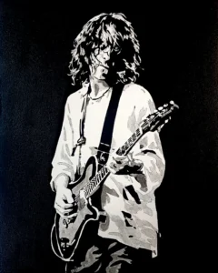 Retrato en blanco y negro estilo stencil de Robe Iniesta tocando la guitarra eléctrica, con fondo negro y alto contraste, obra original inspirada en el músico de Extremoduro.