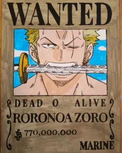 Cuadro estilo cartel Wanted de One Piece con retrato de Roronoa Zoro sosteniendo la katana en la boca
