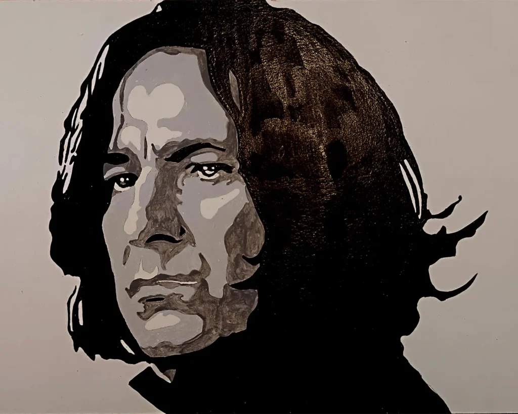 Cuadro retrato de Severus Snape en blanco y negro con estilo stencil y alto contraste.