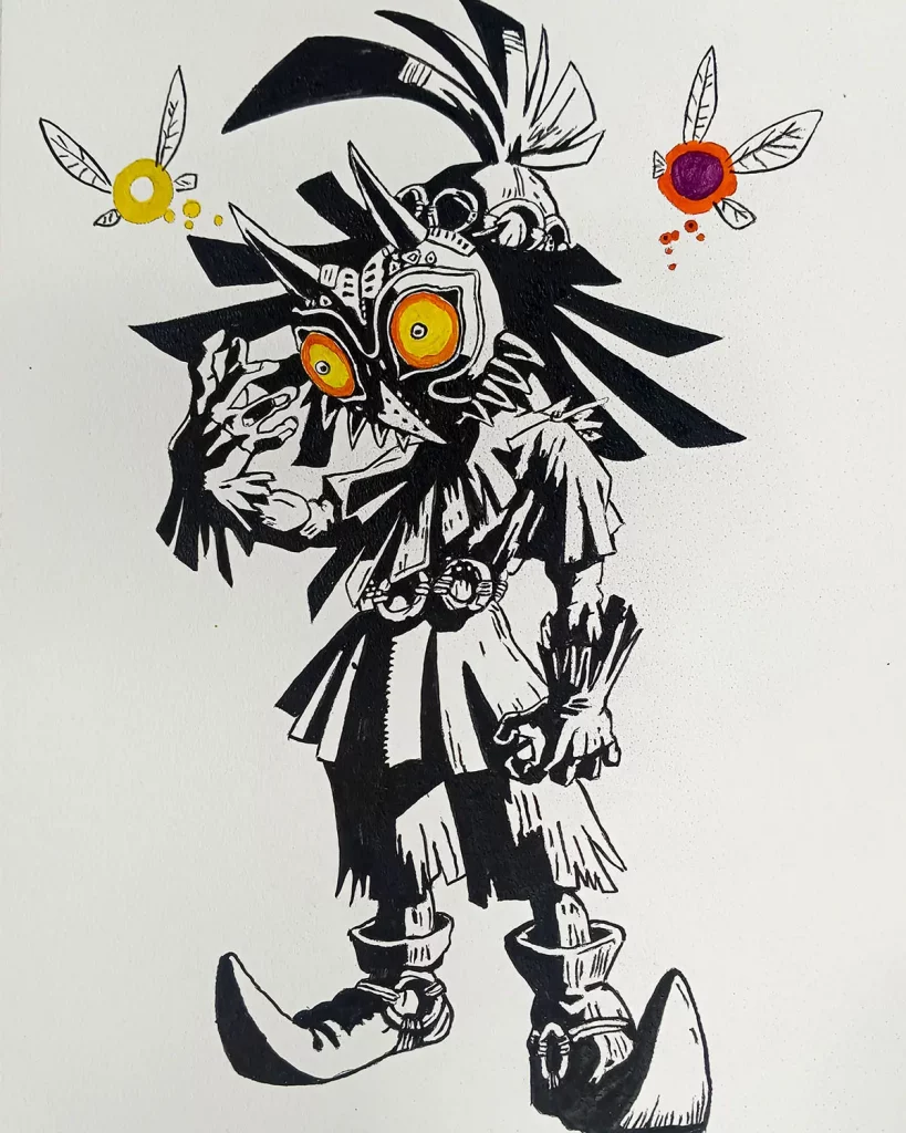 Cuadro decorativo de Skull Kid de The Legend of Zelda Majora’s Mask con hadas y máscara estilo tinta blanco y negro