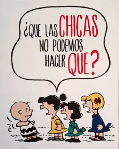 Cuadro inspirado en Peanuts con Charlie Brown y las chicas, ilustración con frase humorística pintada a mano en estilo cómic clásico.