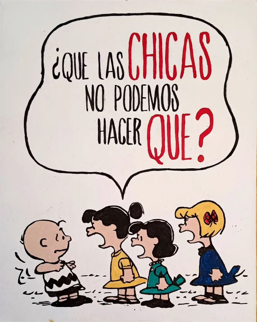 Cuadro inspirado en Peanuts con Charlie Brown y las chicas, ilustración con frase humorística pintada a mano en estilo cómic clásico.