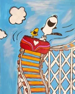 Cuadro de Snoopy y Woodstock en una montaña rusa, pintado a mano con colores vivos y estilo cómic sobre fondo azul.