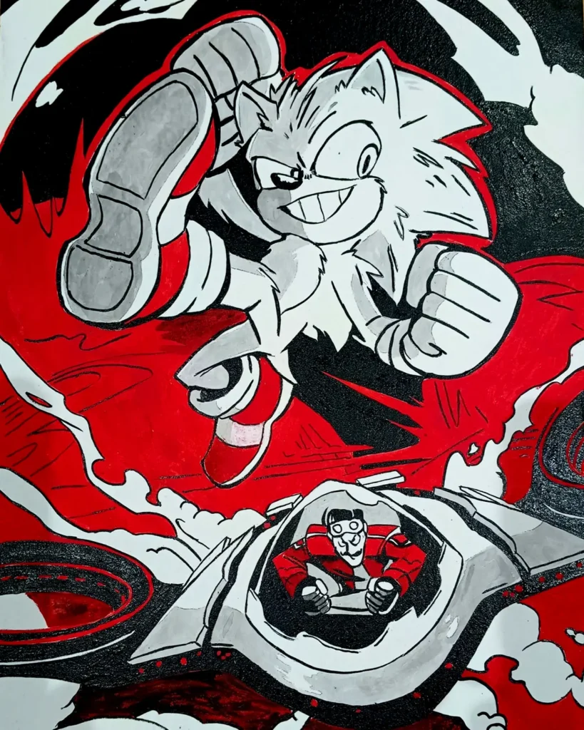 Sonic the Hedgehog en ilustración estilo anime dinámico rojo y negro, obra de Irreverentes